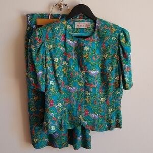 Vintage Silk Adrianna Papell 2 Pc. Set Aqua Floral Size 10